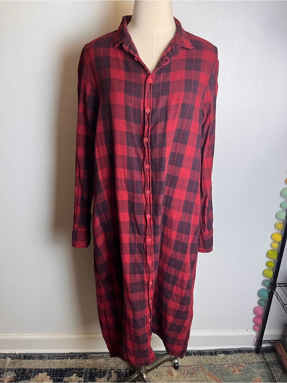 Free People x CP Shades Red and Black Buffalo Plaid Shirt Dress 100% Cotton